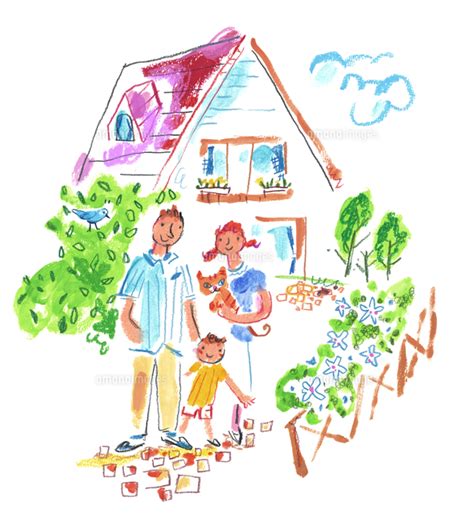 家と庭と家族[20037008143]の写真素材・イラスト素材｜アマナイメージズ