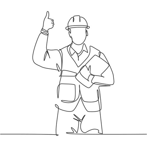 Single Line Drawing Of Young Construction Worker Foreman Carrying