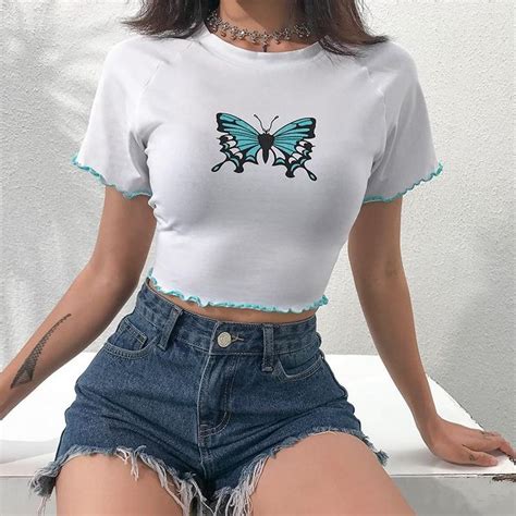 Butterfly Crop Top Ladies Tee Shirts White Tee Shirts Womens Shirts