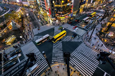Aerial View Of Intersection In Ginza Tokyo Japan At Night Stock