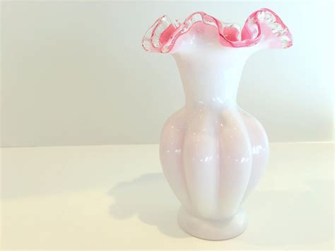 Gorgeous Pink Fenton Vase White Pink Ruffled Vase Silvercrest Fenton Vase Cased Glass Vase