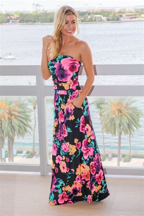 Black And Hot Pink Floral Strapless Maxi Dress Maxi Dresses Saved By The Dress