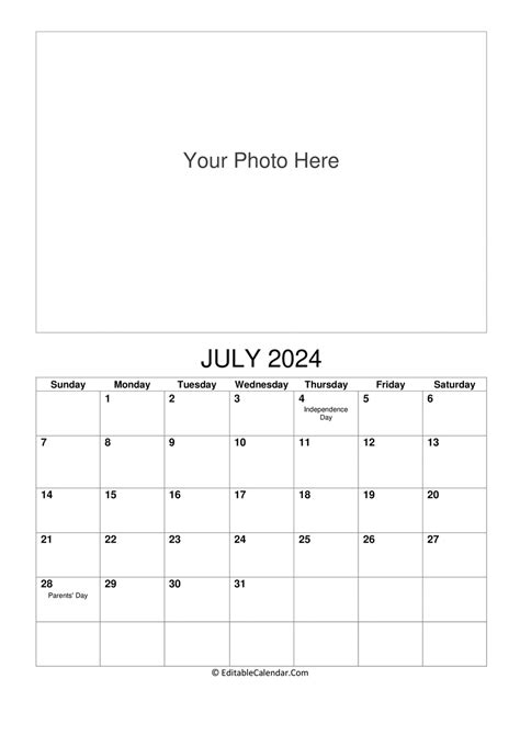 Download July 2024 Photo Calendar Word Version