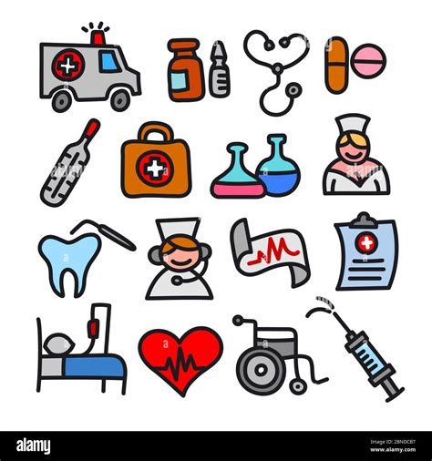 Illustration Set Of Cartoon Black Outlines Medicine Icons Stock Vector