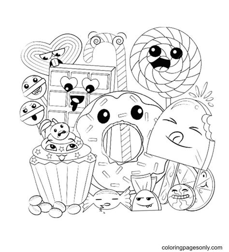 Donuts Candies Sweets Chocolate Kawaii Coloring Page Free