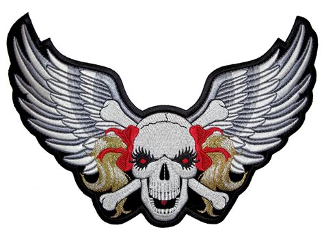 Silver Wings Red Eyed Ponytail Skull Lady Rider Embroidered Biker Patch