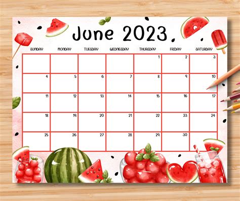 Editable June 2023 Calendar Happy Summer Wsweet And Colorful Etsy Canada