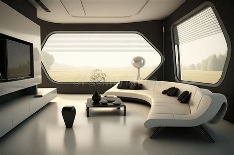 Futuristic Living Room With Sleek Furniture And Minimalist Decor Stock