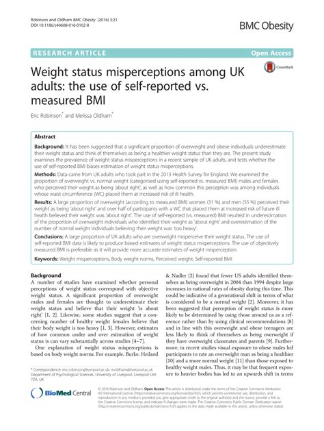 pdf weight status misperceptions among uk adults the use of self reported vs measured bmi