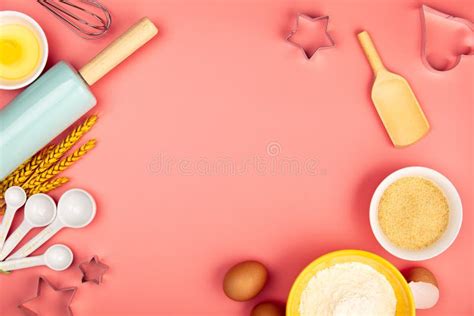 Baking Or Cooking Ingredients On Pink Background Flat Lay Stock Photo
