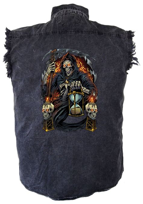 Mens Grim Reaper Skulls And Scythes With Flames Acid Washed Cutoff