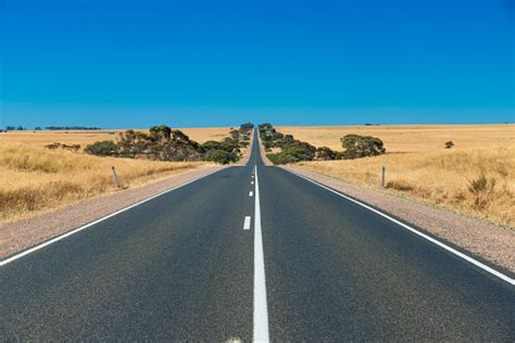 Straight Line Australian Highway In Rural Outback Stock Photo