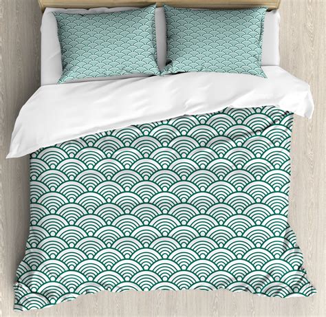 Teal Duvet Cover Set Traditional Japanese Chinese Seigaiha Pattern