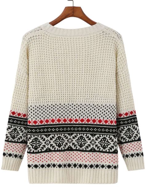 Beige Round Neck Tribal Print Knit Sweater Sheinsheinside