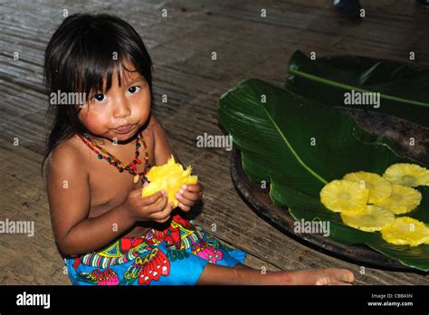 Embera Indische Mädchen Essen Ananas Am Embera Puru Indianergemeinde Panama Stockfotografie Alamy