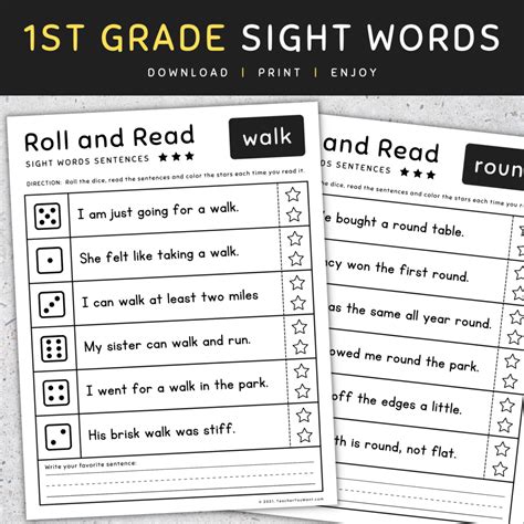 1st Grade Sight Words Roll And Read Sight Words Worksheets Set 3
