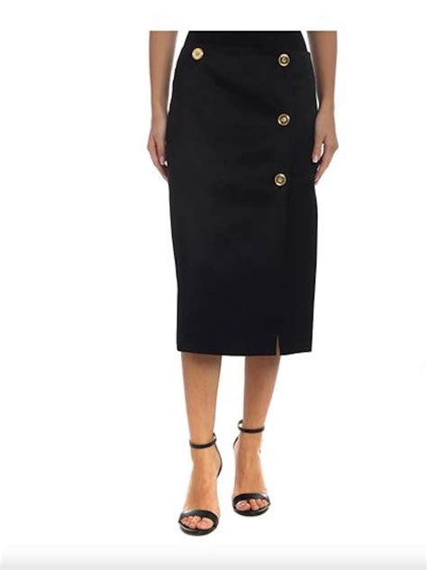 Versace Black Knee Length Pencil Skirt With Gold Tone Medusa Buttons