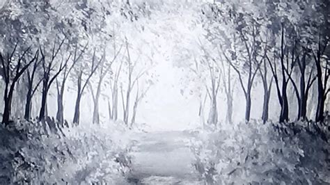 Sunlit Forest Path Acrylic Painting Black And White Monochromatic