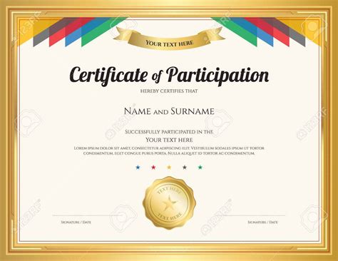 Certificate Of Participation Template With Gold Border And Colorful