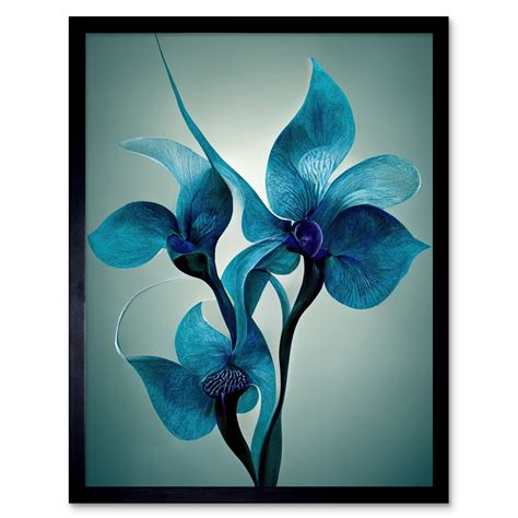 Elegant Teal Blue Orchid Flowers Painting Art Print Framed Poster Wall