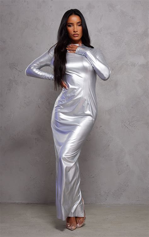 Silver Metallic Pu Long Sleeve Maxi Dress Prettylittlething