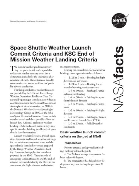 Nasa Facts Space Shuttle Weather Launch Commit Criteria And Ksc End Of