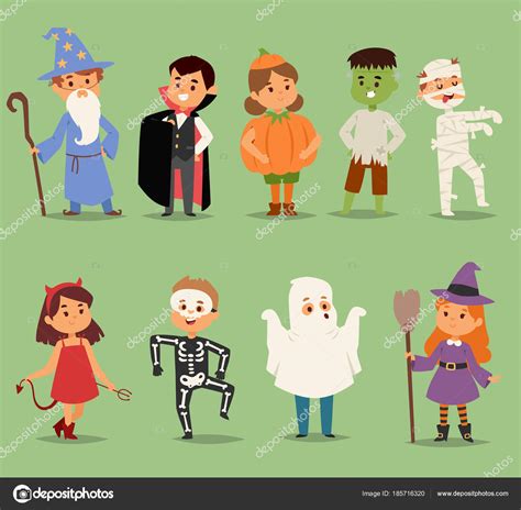 Cartoon Cute Kids Wearing Halloween Costumes Vector