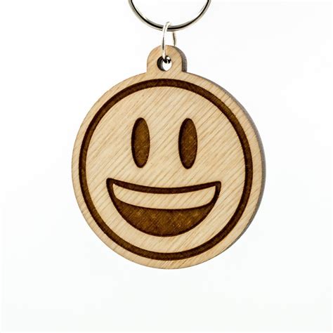 Happy Face Wooden Emoji Keychain This Smiling Face With Open Mouth