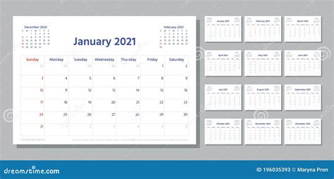 Planner 2021 Year Calendar Template Vector Illustration Table