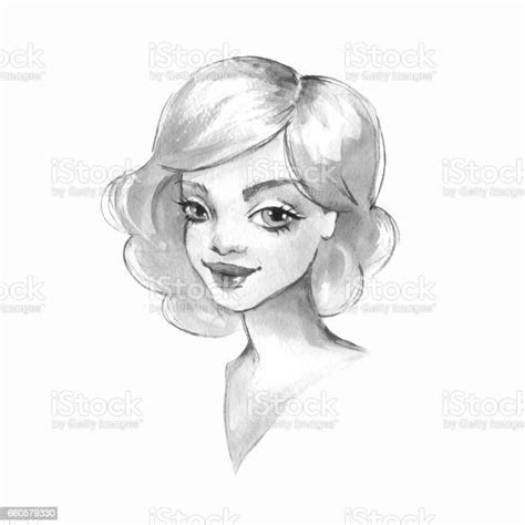 Girl Watercolor Female Face Black And White Stock Illustration