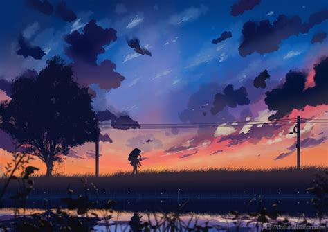 Wallpaper Anime Landscape Windy Tree Painting Clouds