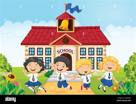Children School Jumping Together On School Building Background Stock