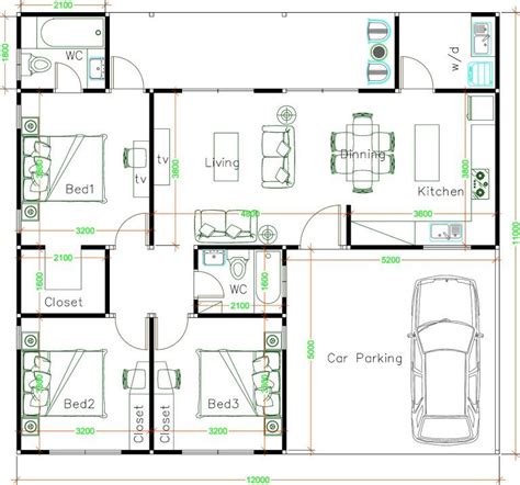 Home Plan 10x12m 3 Bedrooms Sam House Plans Dab