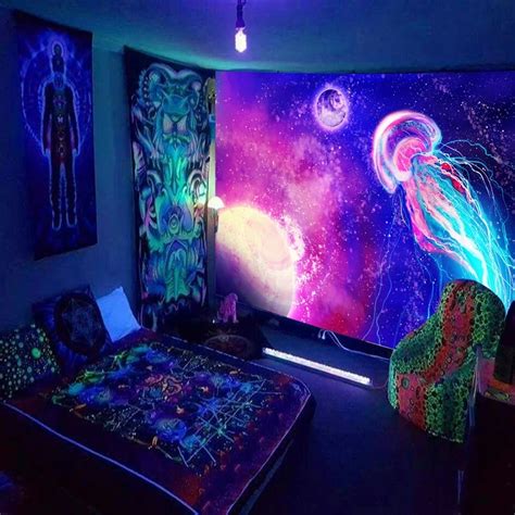 Black Light Tapestry Wall Hanging Uv Reactive Psychedelic World Hippie