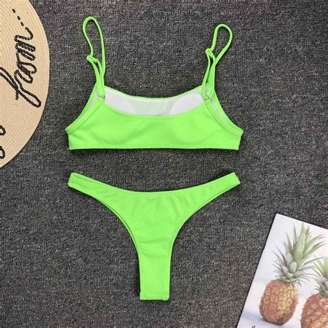 Discount Sexy Neon Green Bikini Push Up Swimsuit Solid Bikiny Set Women
