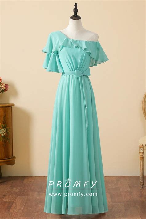 Ruffled Neck Tiffany Blue Chiffon Bridesmaid Dress Promfy