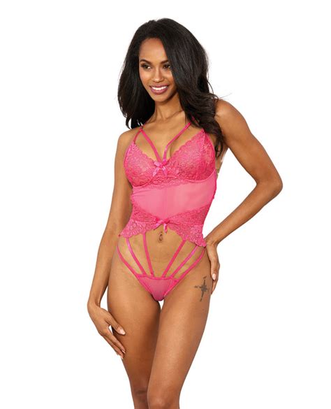 Shirley Of Hollywood Underwire Cups Strap Thong Lace Teddy Hot Pink Fslt Lingerie
