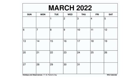 Printable March 2022 Calendar Templates With Holidays Wiki Calendar