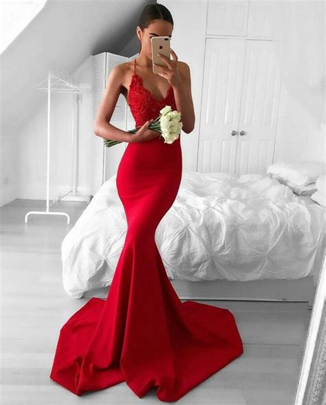 Sexy Lace V Neck Long Red Mermaid Prom Dress On Luulla