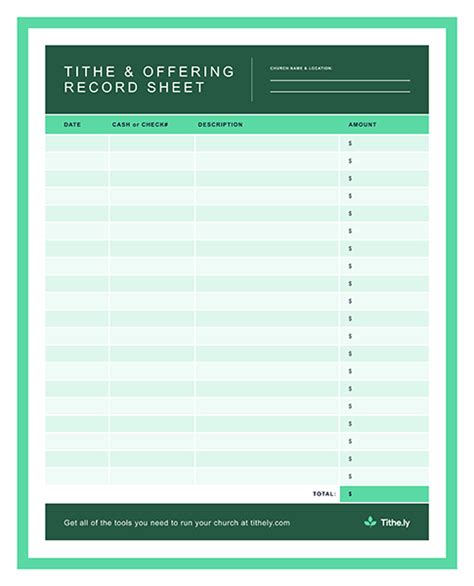 Free Tithe And Offering Record Sheet Template
