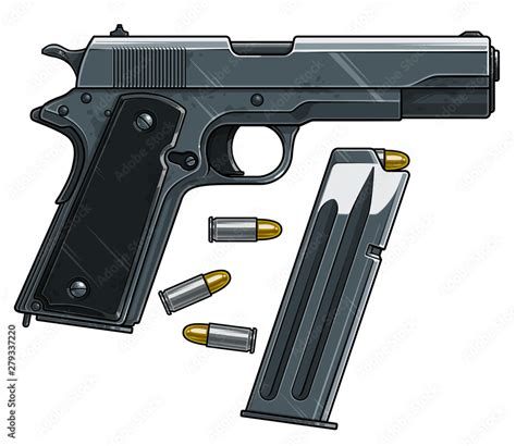 Graphic Cartoon Colorful Detailed Metallic Handgun Pistol With Ammo