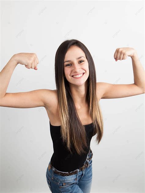 Young Brunette Woman Flexing Her Biceps Flexing Portrait Young Photo