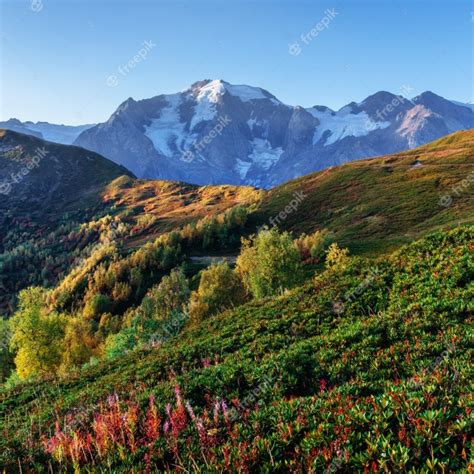 Premium Photo Autumn Landscape And Snow Capped Mountain Peaks View