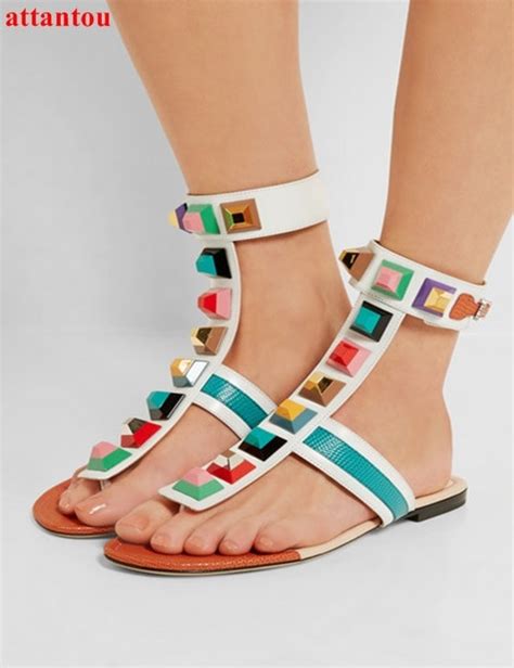 Summer Fashion Mixed Color Open Toe Sandals Colorful Rivets Decor Ankle