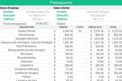 Plantilla Excel Presupuesto De Construcción Descargar Gratis