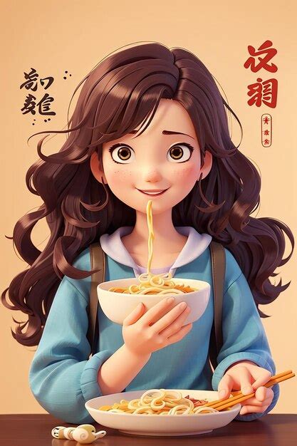 Premium Ai Image Cute Girl Eating Noodle Logo Banner Hand Drawn Cartoon Art Illustration