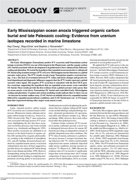 Pdf Early Mississippian Ocean Anoxia Triggered Organic Carbon Burial