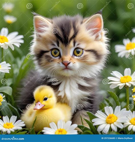Kitten With Duckling In White Daisies Stock Illustration Illustration