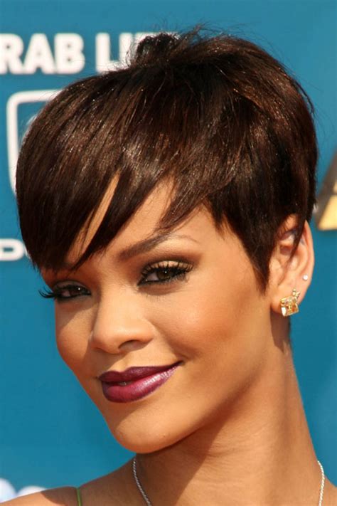 Rihanna Straight Dark Brown Choppy Bangs Pixie Cut Hairstyle Steal
