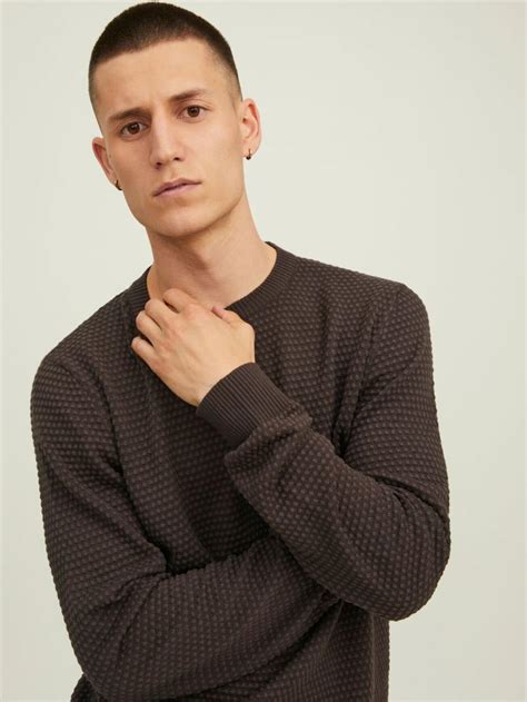 Crew Neck Knitted Jumper Brown Mulch Jack And Jones Mens Knitwear Carnecaballo